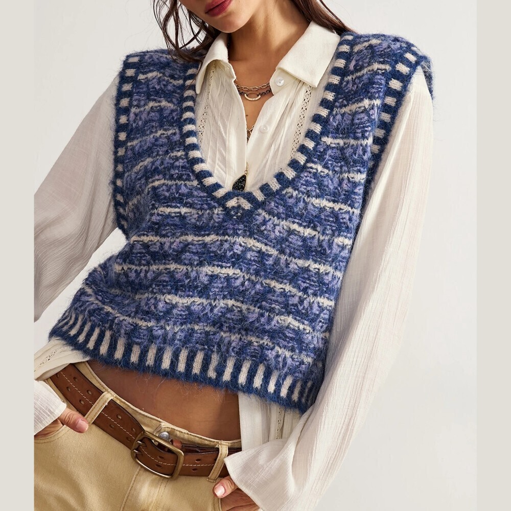 Blue Marled Fuzzy Knit V Neck Striped Sweater Vest